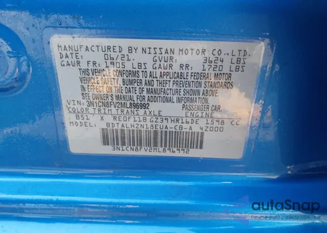 2021 Nissan Versa Sr Xtronic Cvt from USA, damaged, VIN 3N1CN8FV2ML896992